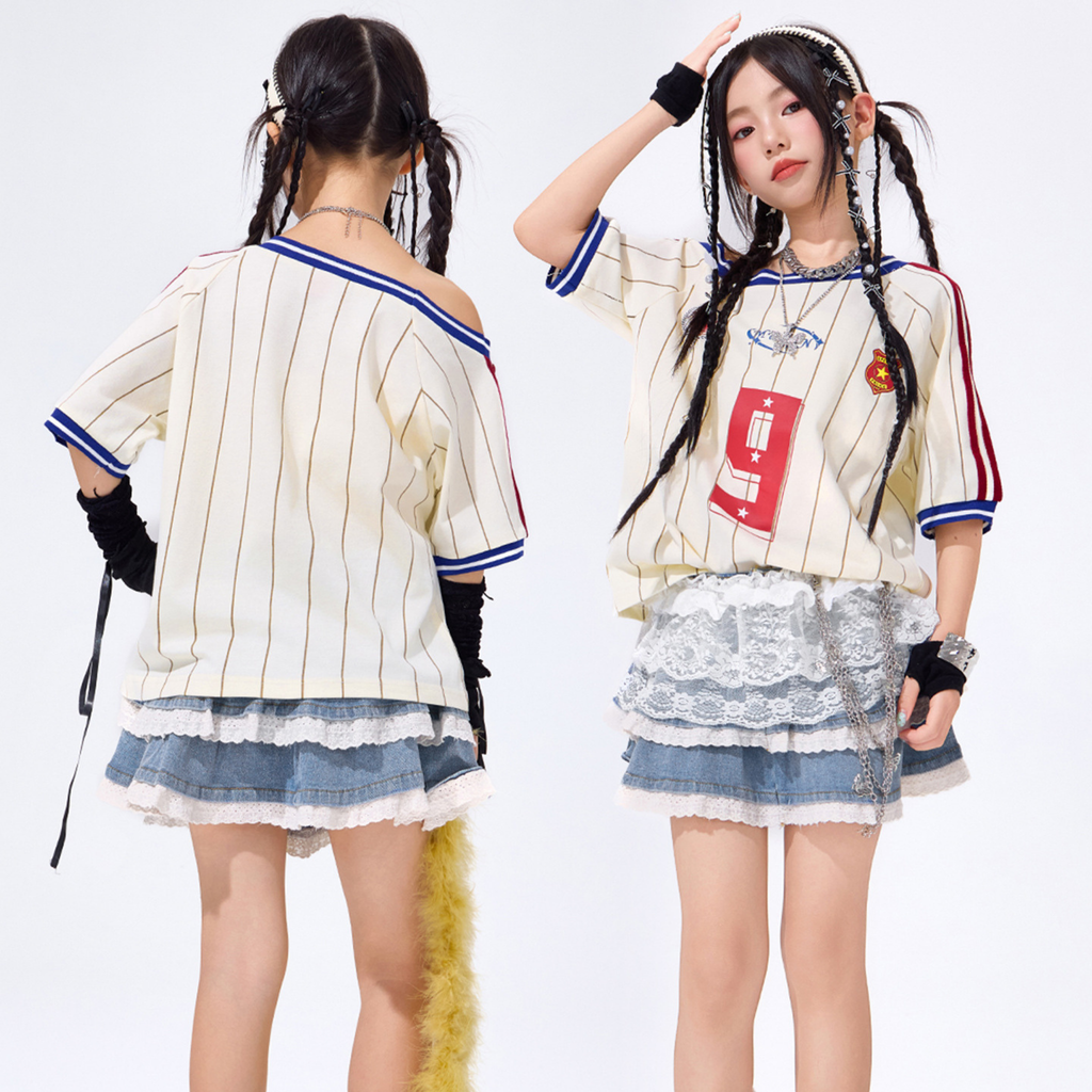 K-POP アイボリーストライプ デニムティアードスカートセットアップ キッズダンス衣装