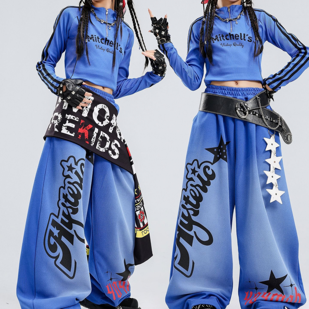 HIPHOP ブルーグラフィック ワイドパンツセットアップ キッズダンス衣装 着用イメージ4