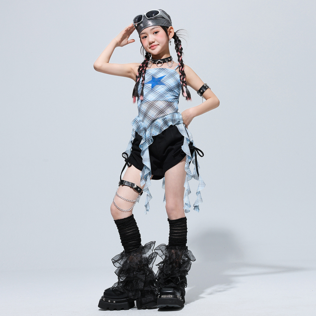 GIRLS ブルーチェック フリルショートパンツセットアップ キッズダンス衣装 商品画像6