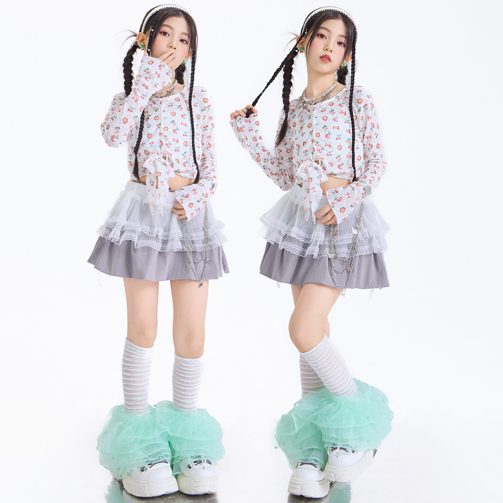 GIRLS フルーツプリント グレーティアードスカートセットアップ キッズダンス衣装