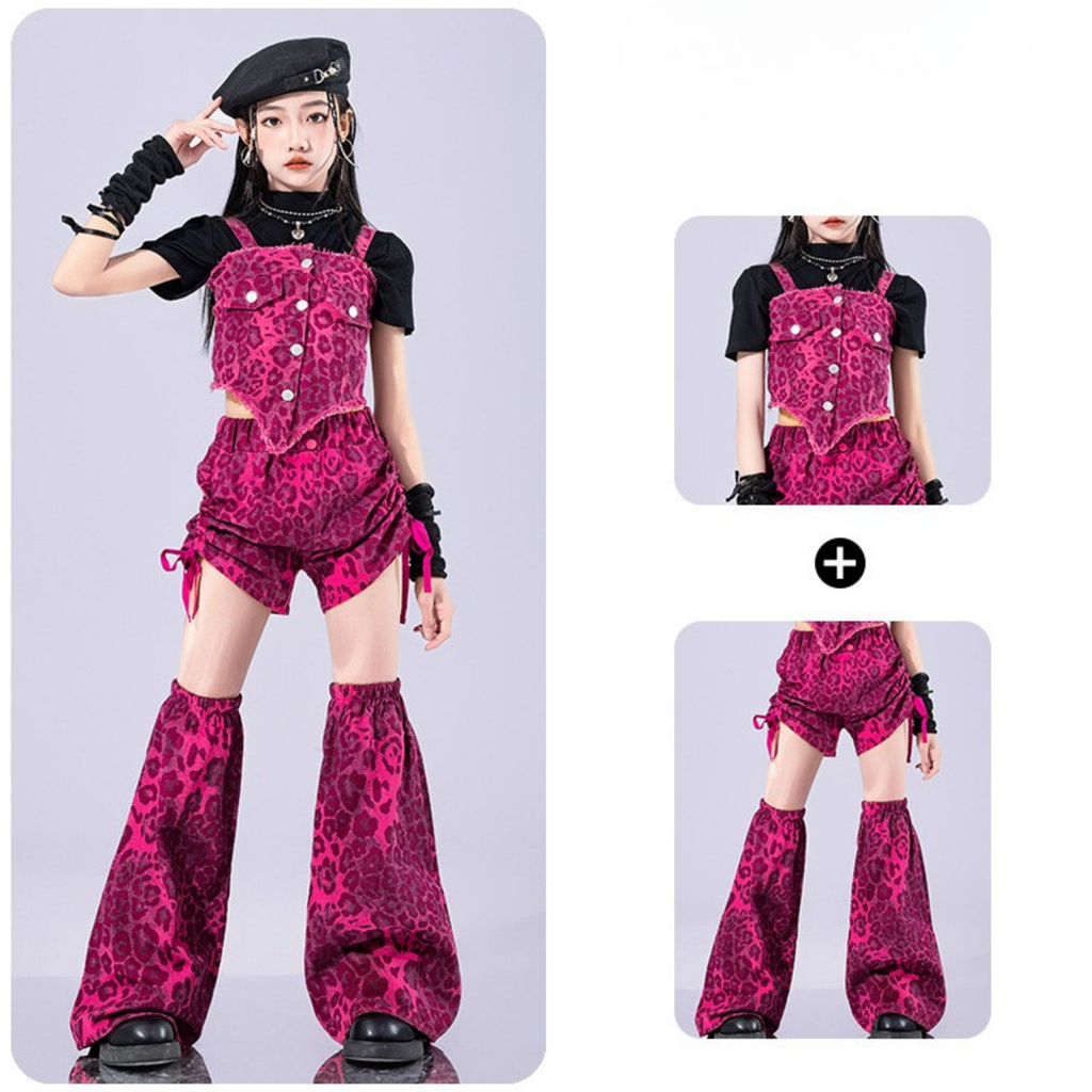 GIRLS ピンクレオパード ステージセットアップ キッズダンス衣装