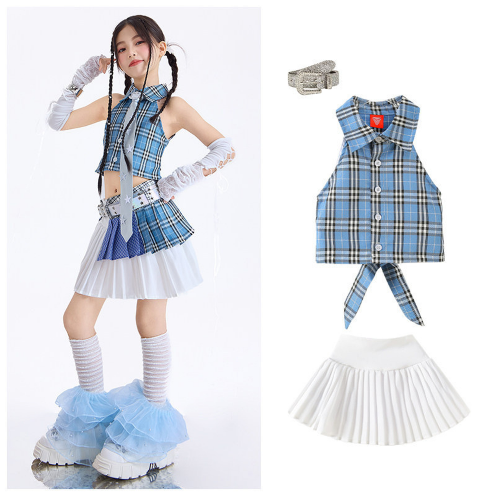 GIRLS ブルーチェック プリーツスカートセットアップ キッズダンス衣装