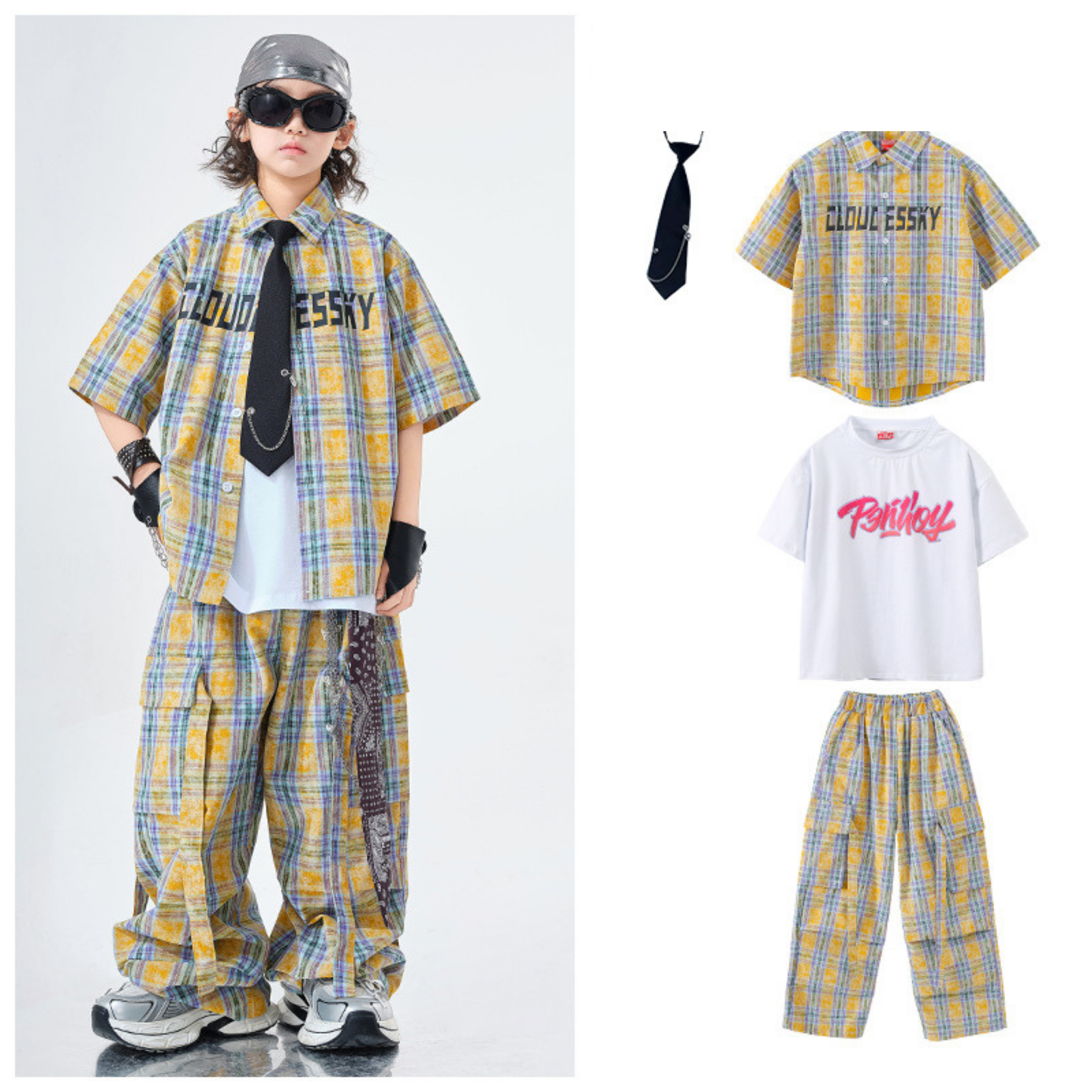 STREET イエローチェック ワイドパンツセットアップ キッズダンス衣装