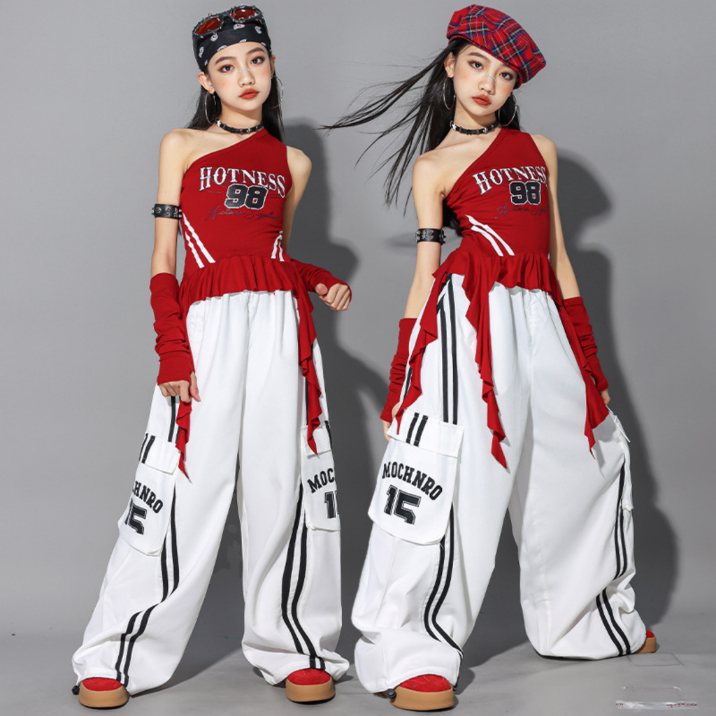 GIRLS レッドワンショルダー カーゴパンツセットアップ キッズダンス衣装
