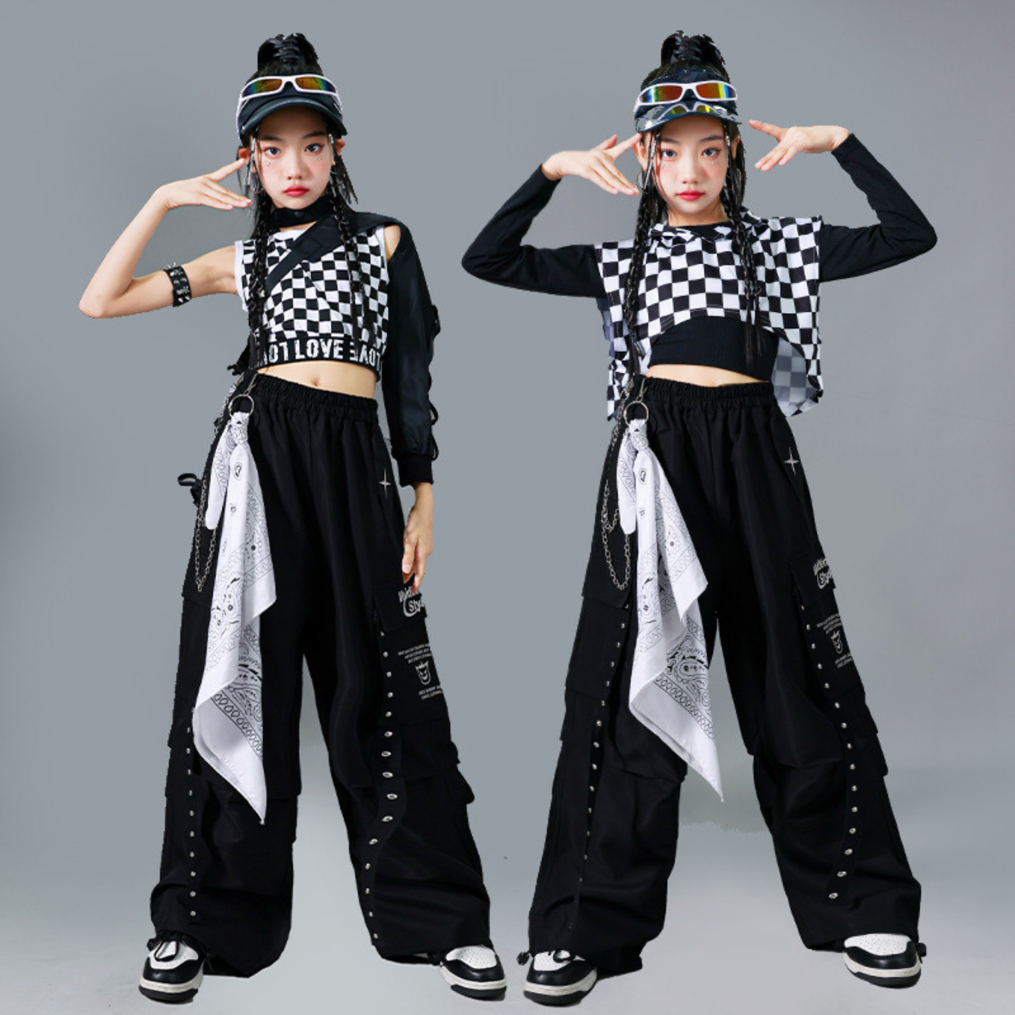 HIPHOP チェッカーブラック カーゴセットアップ キッズダンス衣装