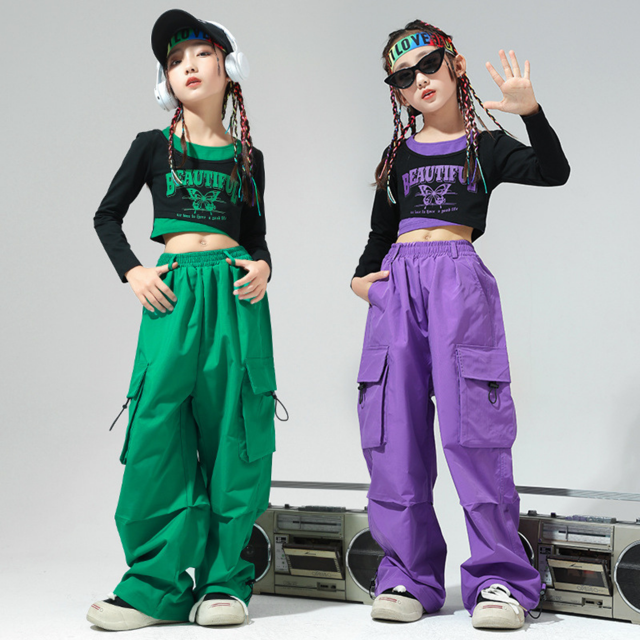 HIPHOP ビビッドカラー カーゴパンツセットアップ キッズダンス衣装