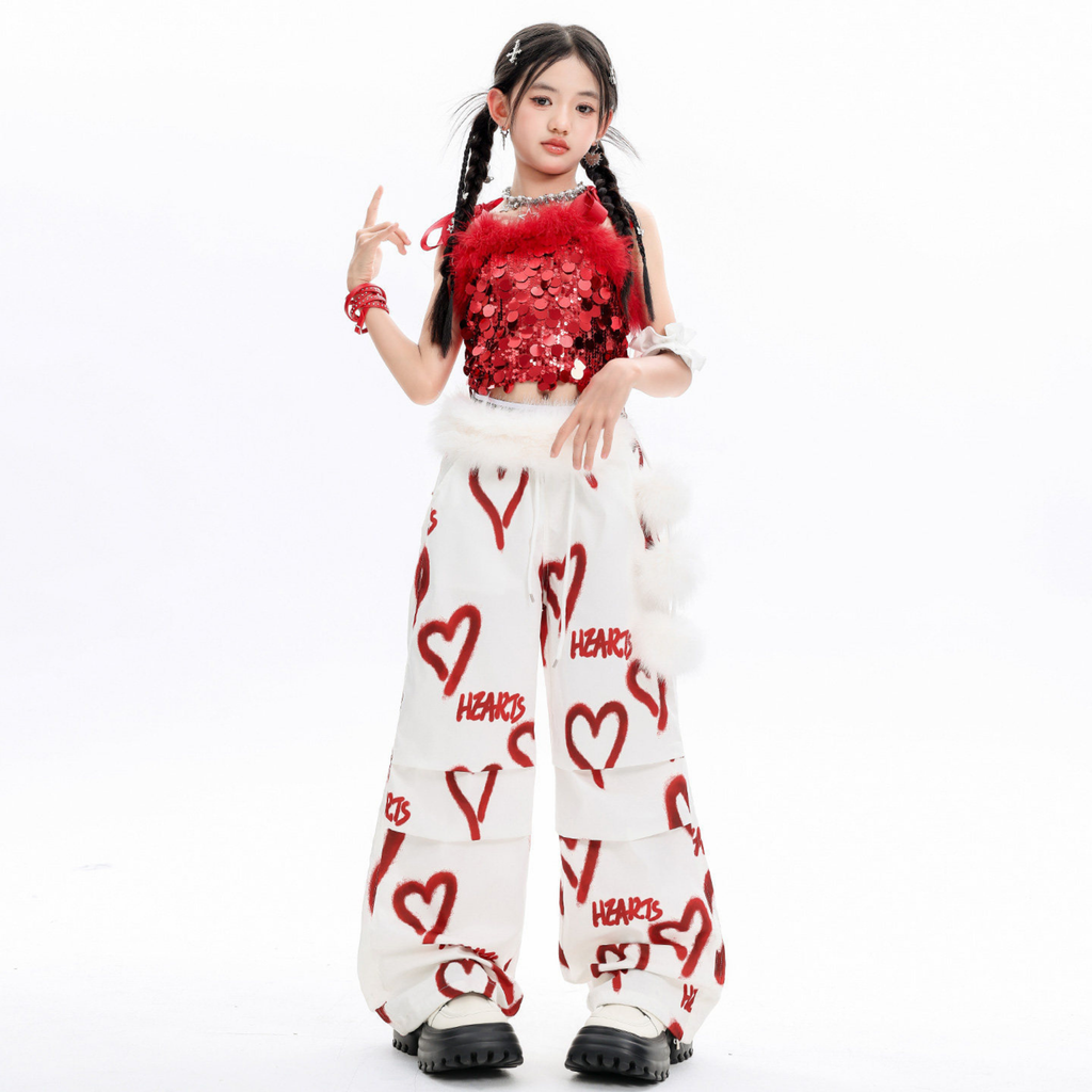 GIRLS レッドスパンコール ハートパンツセットアップ キッズダンス衣装