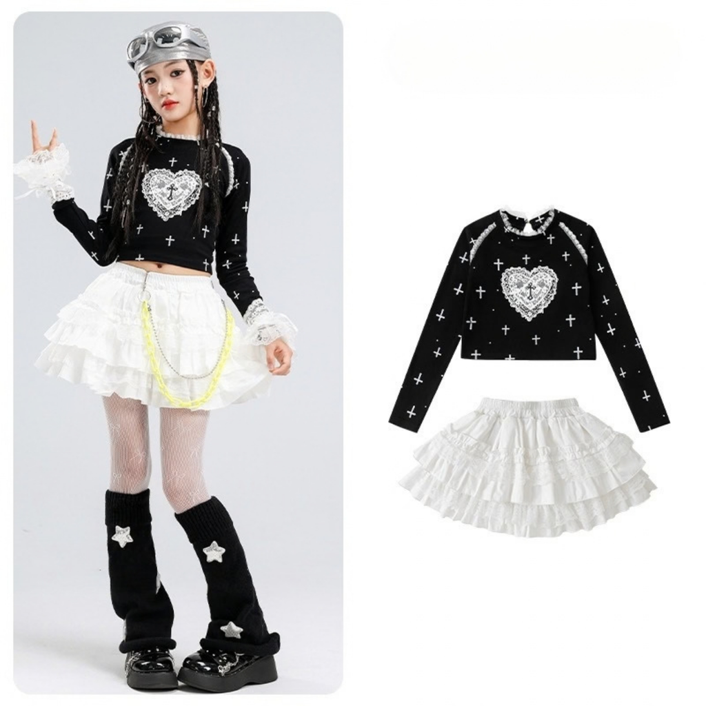 GIRLS ブラックハート ホワイトティアードスカートセットアップ キッズダンス衣装 商品画像1