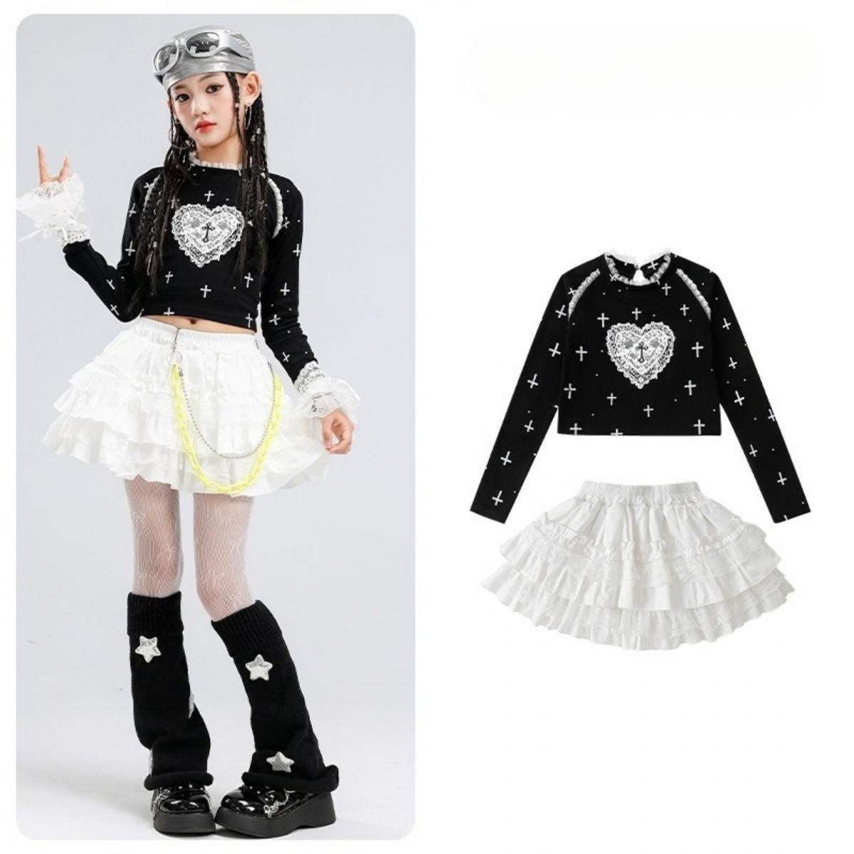 GIRLS ブラックハート ホワイトティアードスカートセットアップ キッズダンス衣装 商品画像1