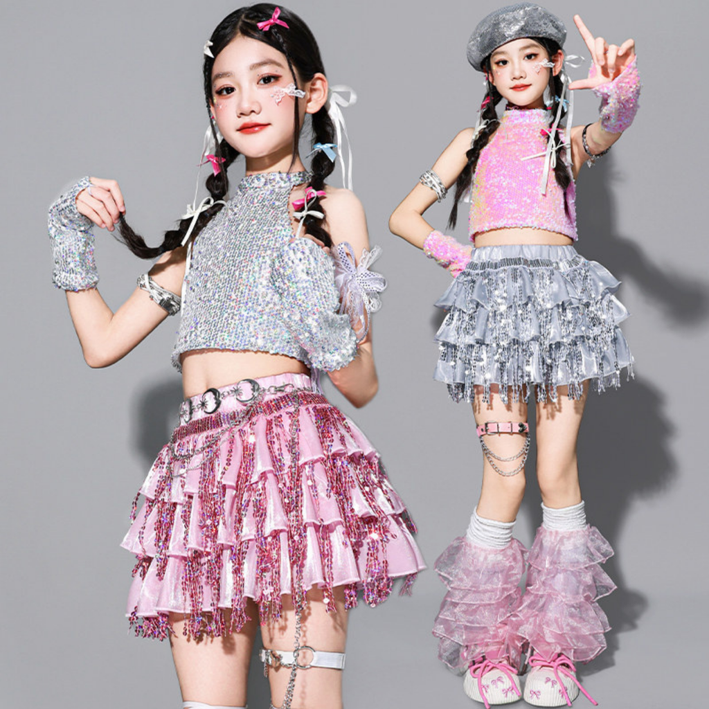 GIRLS ピンクシルバー スパンコールフリルセットアップ キッズダンス衣装