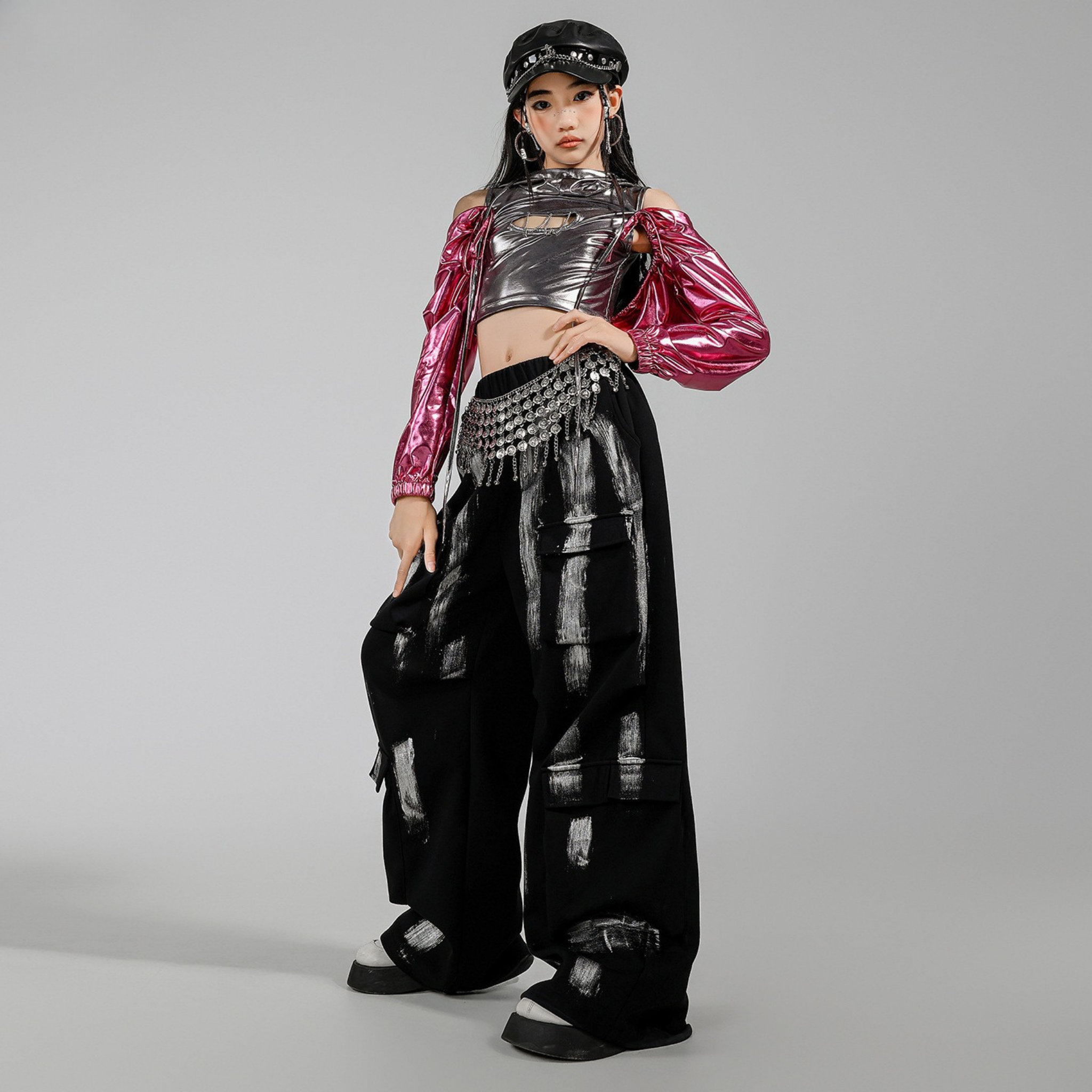 K-POP メタリックシルバー ピンクカーゴセットアップ キッズダンス衣装