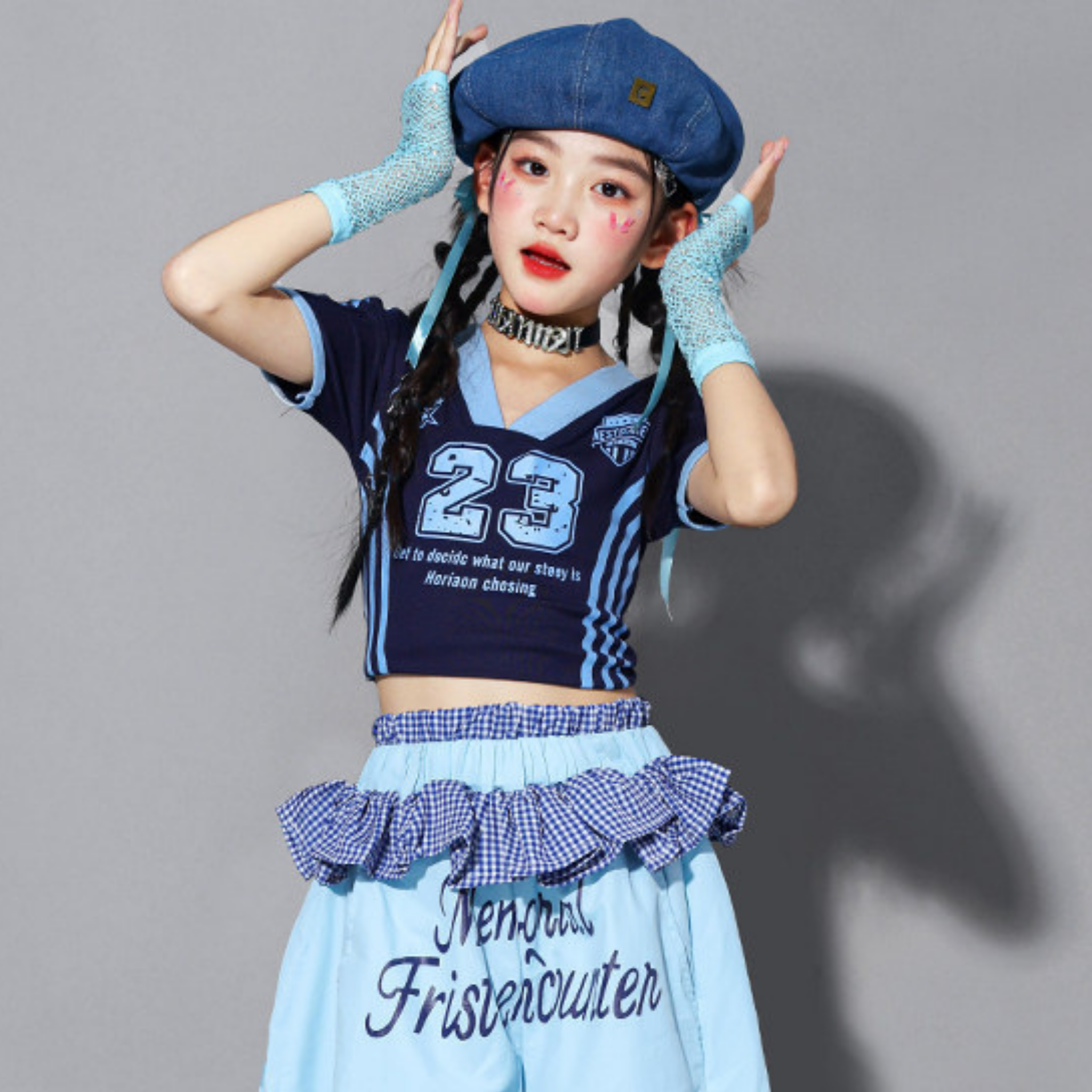 HIPHOP ライトブルーナンバー ワイドパンツセットアップ キッズダンス衣装