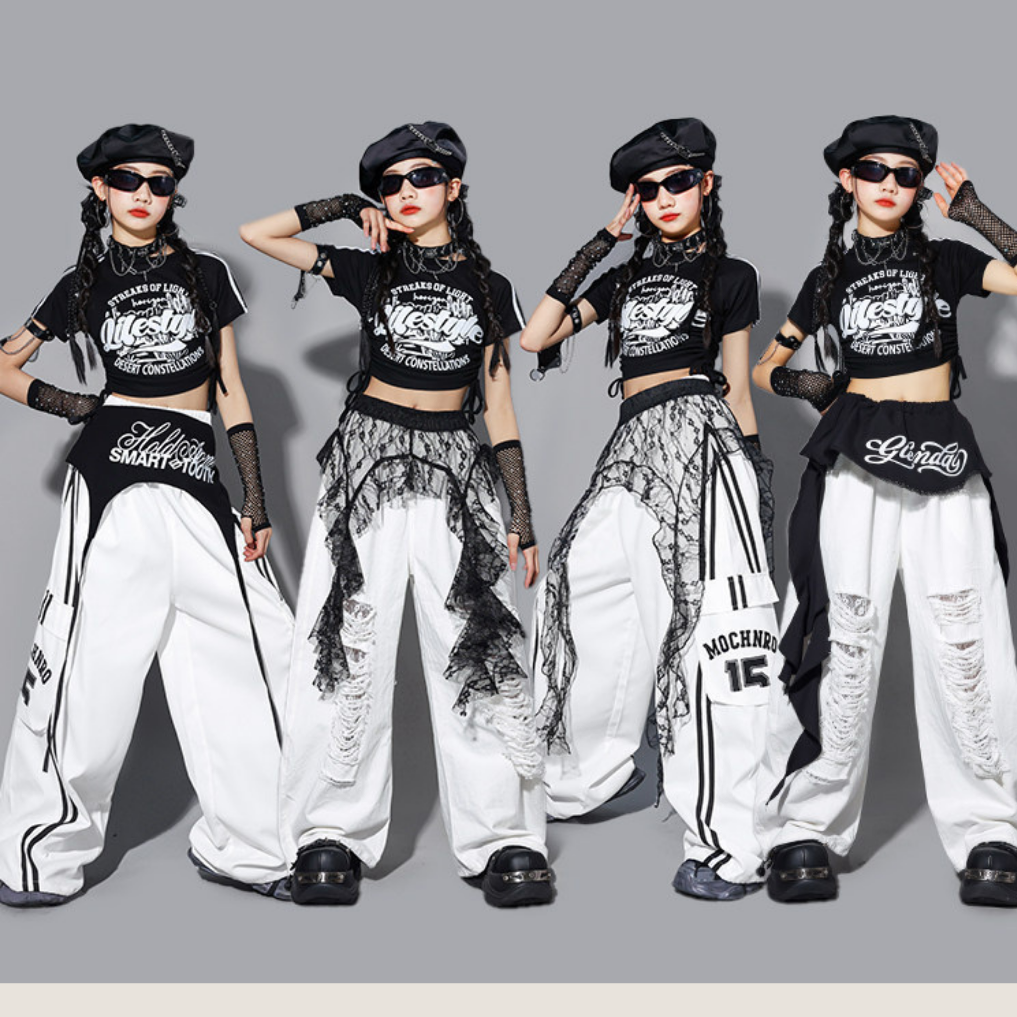 HIPHOP ブラックロゴ ホワイトワイドパンツセットアップ キッズダンス衣装