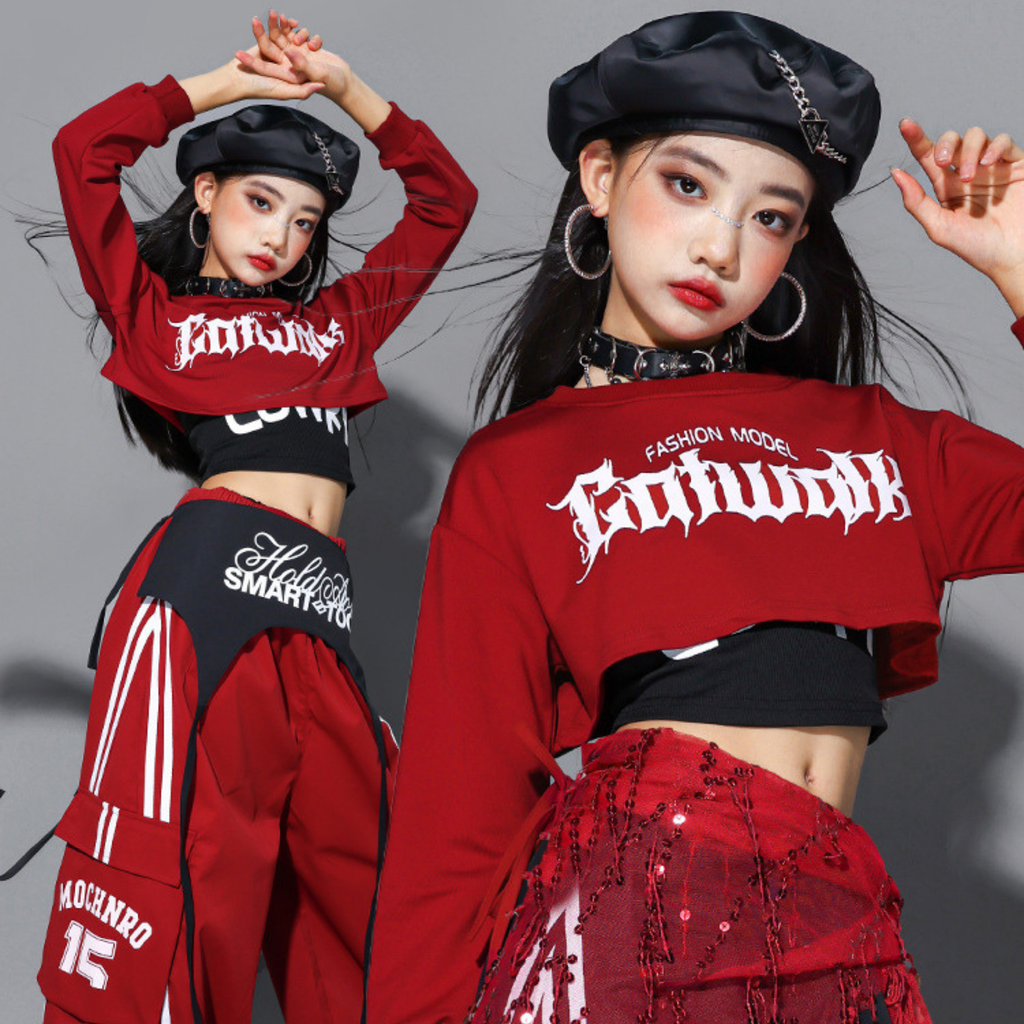 HIPHOP レッドブラック カーゴパンツセットアップ キッズダンス衣装