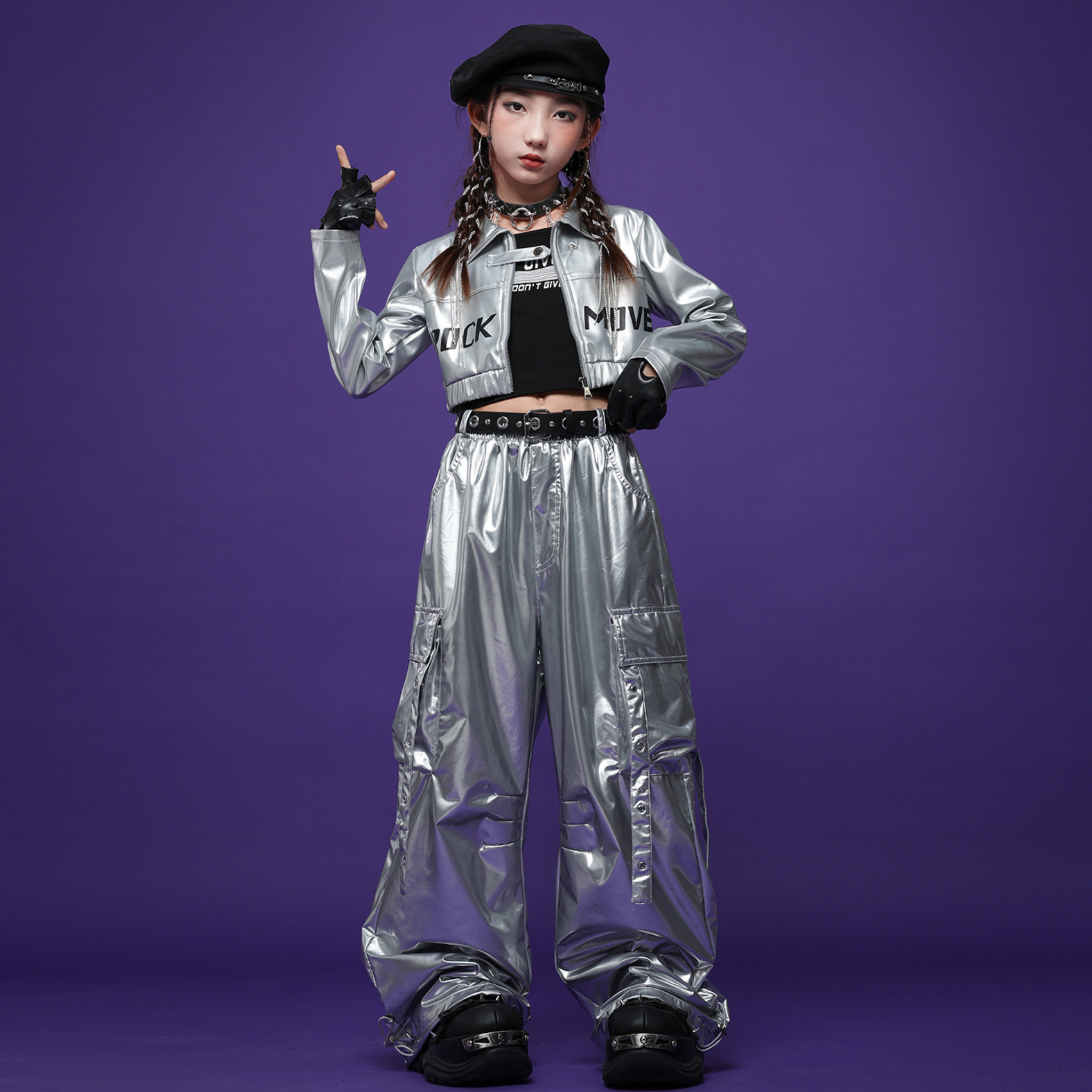HIPHOP メタリックレザー カーゴセットアップ キッズダンス衣装