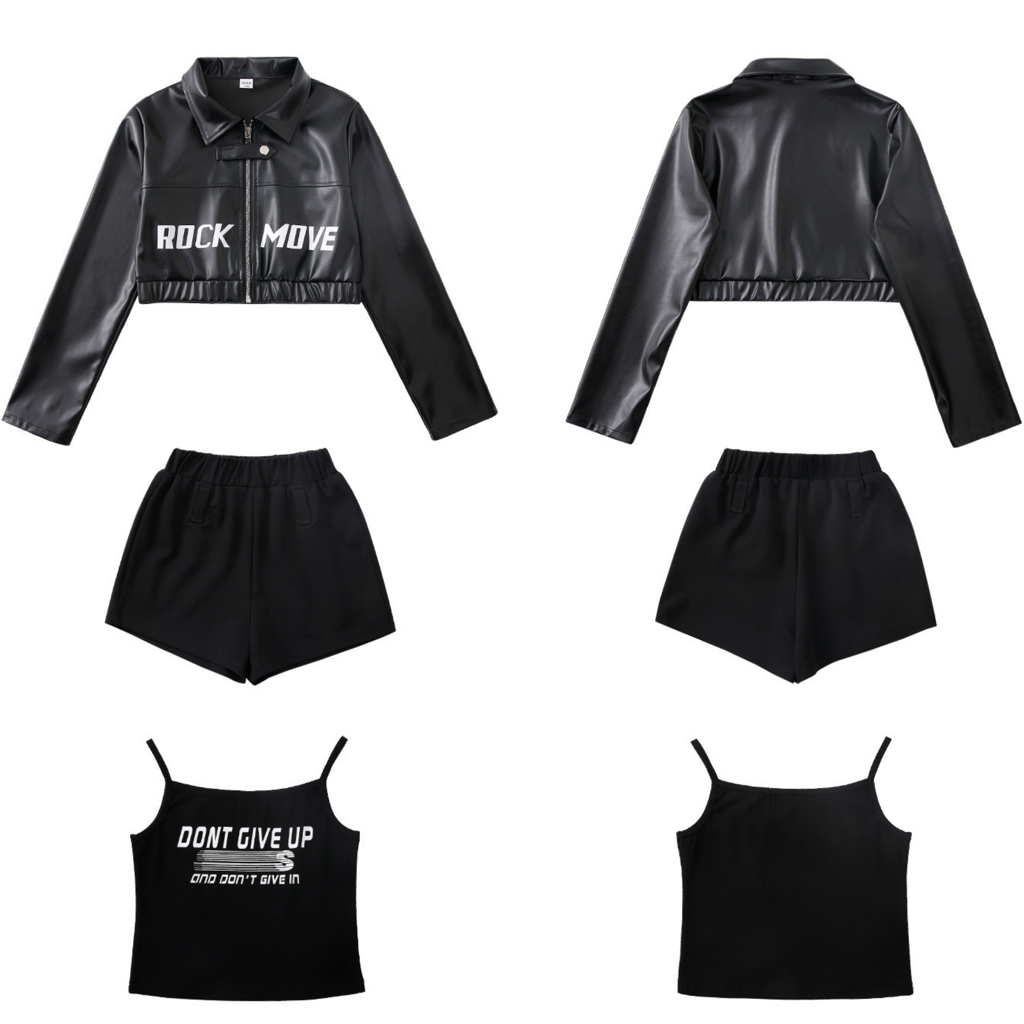 GIRLS ブラックレザーライク ショートパンツセットアップ キッズダンス衣装