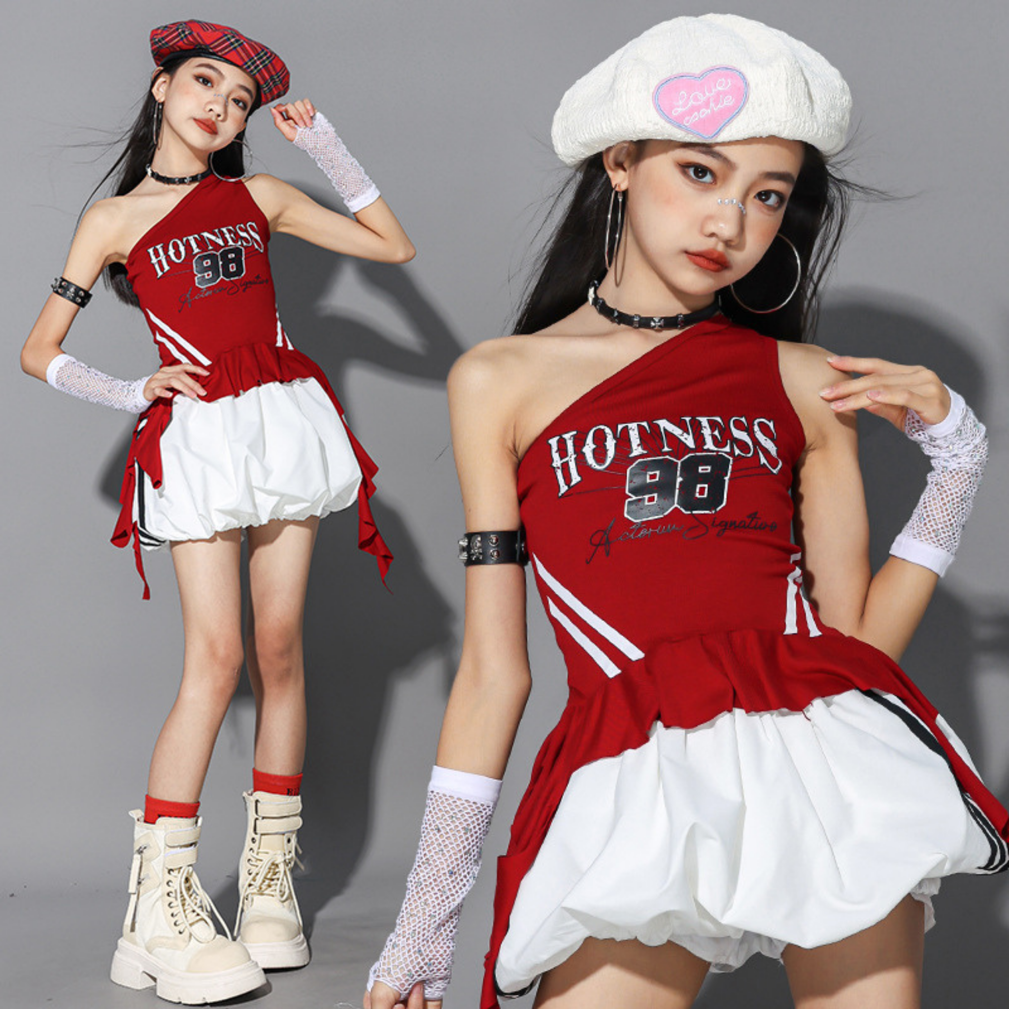 GIRLS レッドワンショルダー バルーンパンツセットアップ キッズダンス衣装