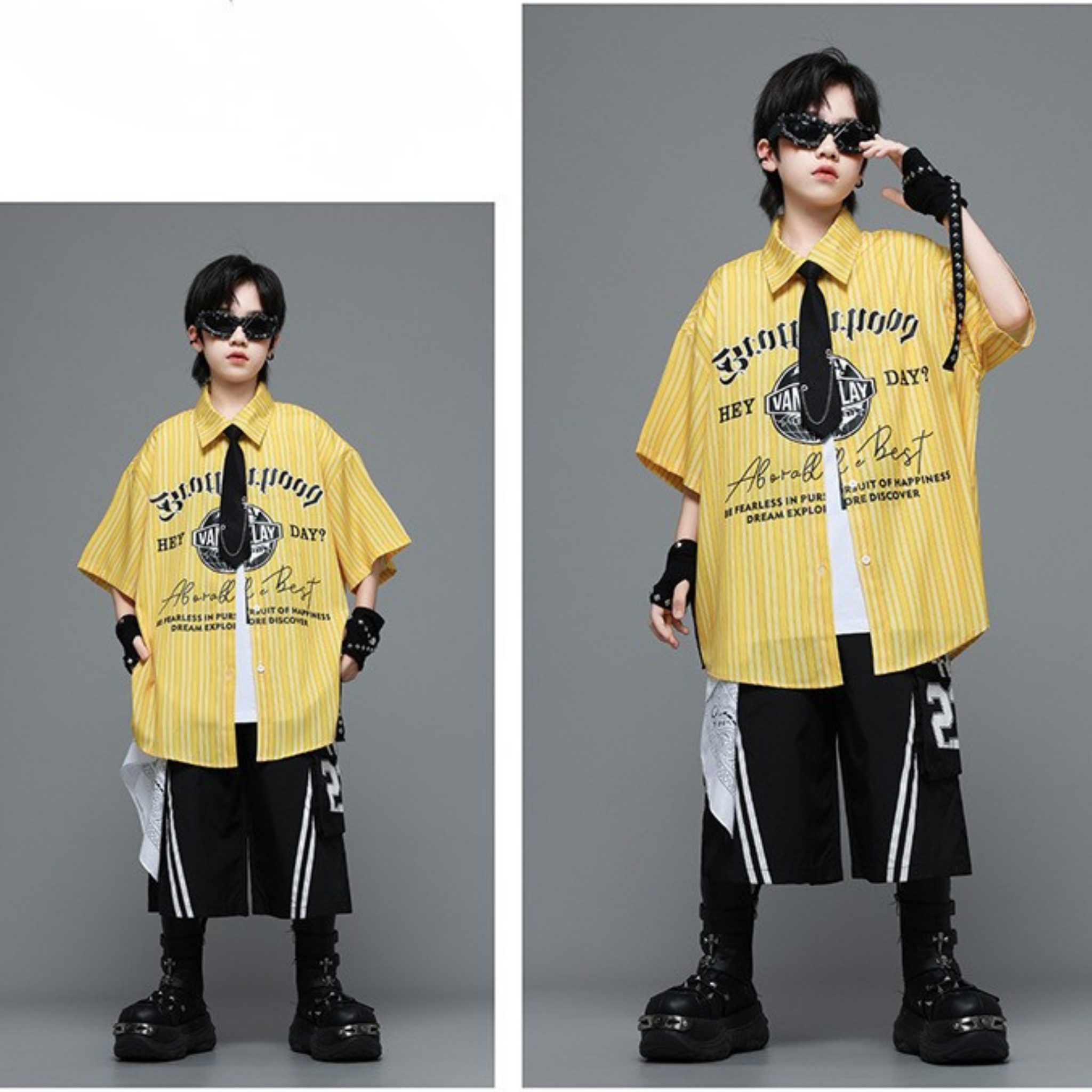 HIPHOP イエローストライプ ハーフパンツセットアップ キッズダンス衣装
