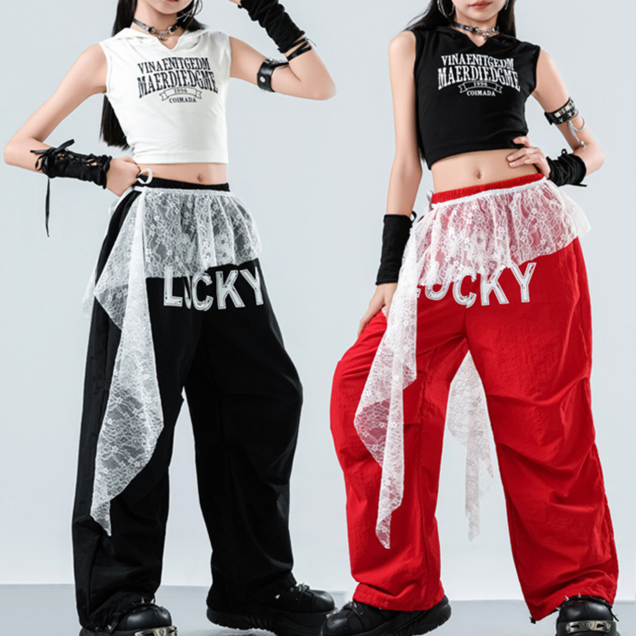 GIRLS レースレイヤード ワイドパンツセットアップ キッズダンス衣装
