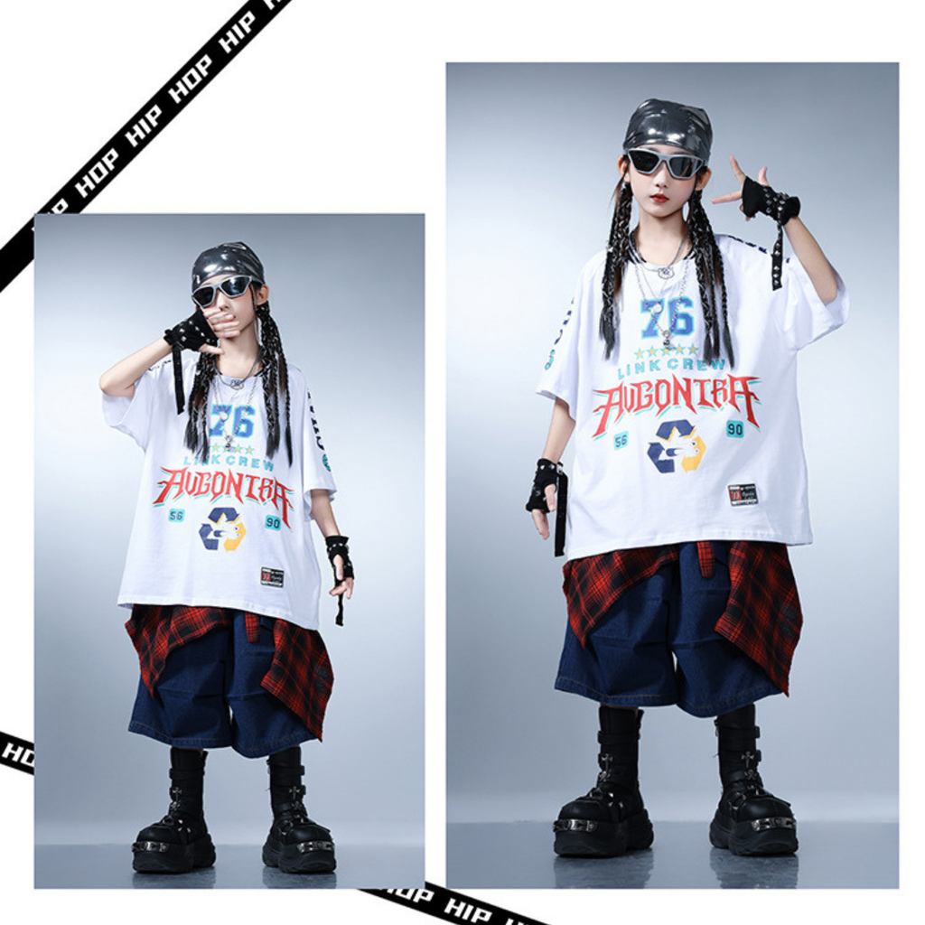 HIPHOP グラフィックTシャツ デニムカーゴセットアップ キッズダンス衣装