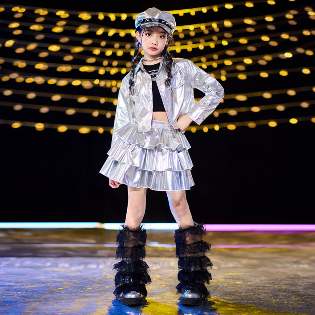 K-POP メタリックシルバー プリーツスカートセットアップ キッズダンス衣装