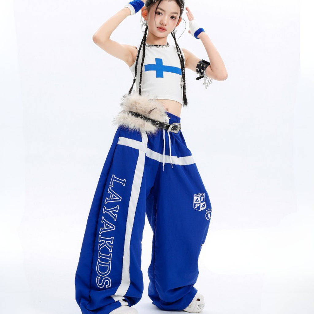 HIPHOP ブルークロス ワイドパンツセットアップ キッズダンス衣装