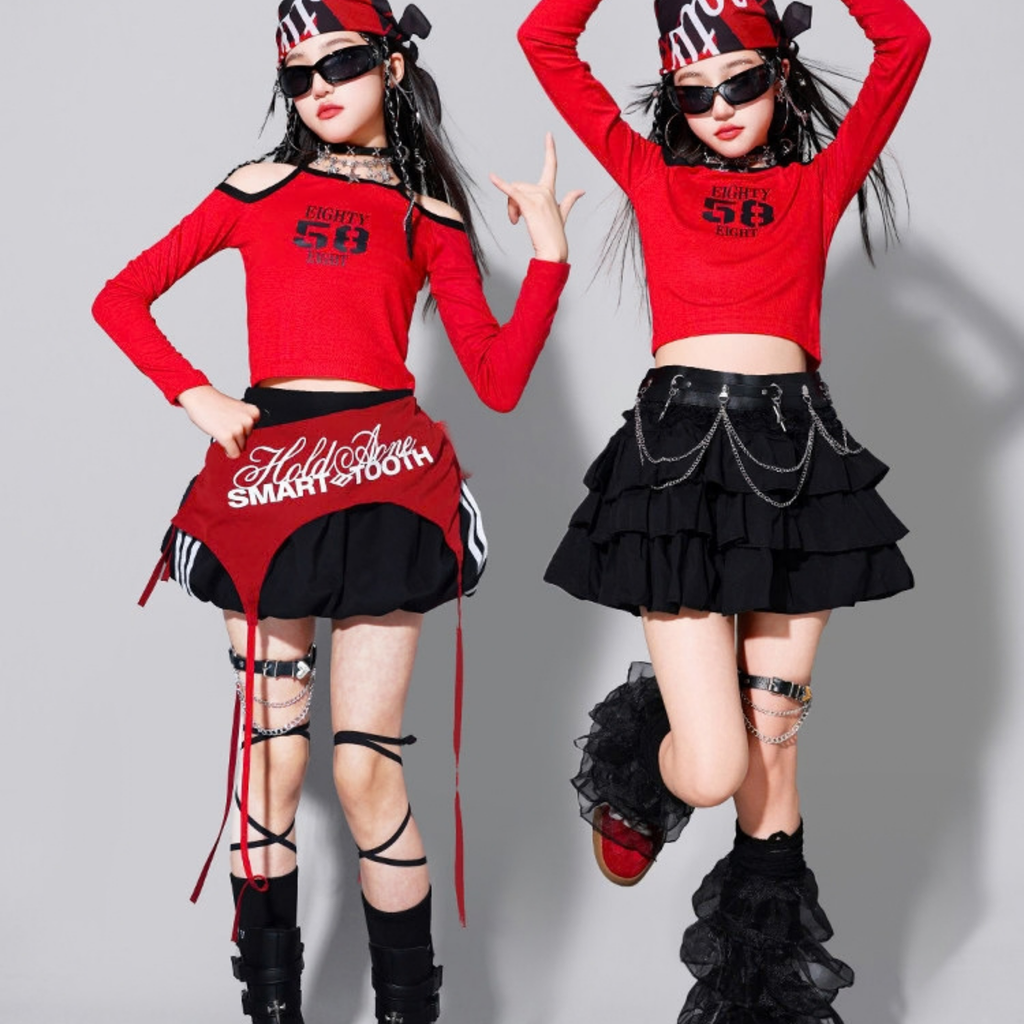 GIRLS レッド58グラフィック ティアードスカートセットアップ キッズダンス衣装｜商品イメージ6｜RAQS LUMINA