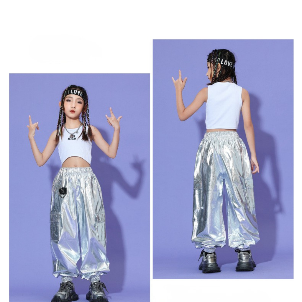 HIPHOP メタリックシルバー カーゴセットアップ キッズダンス衣装