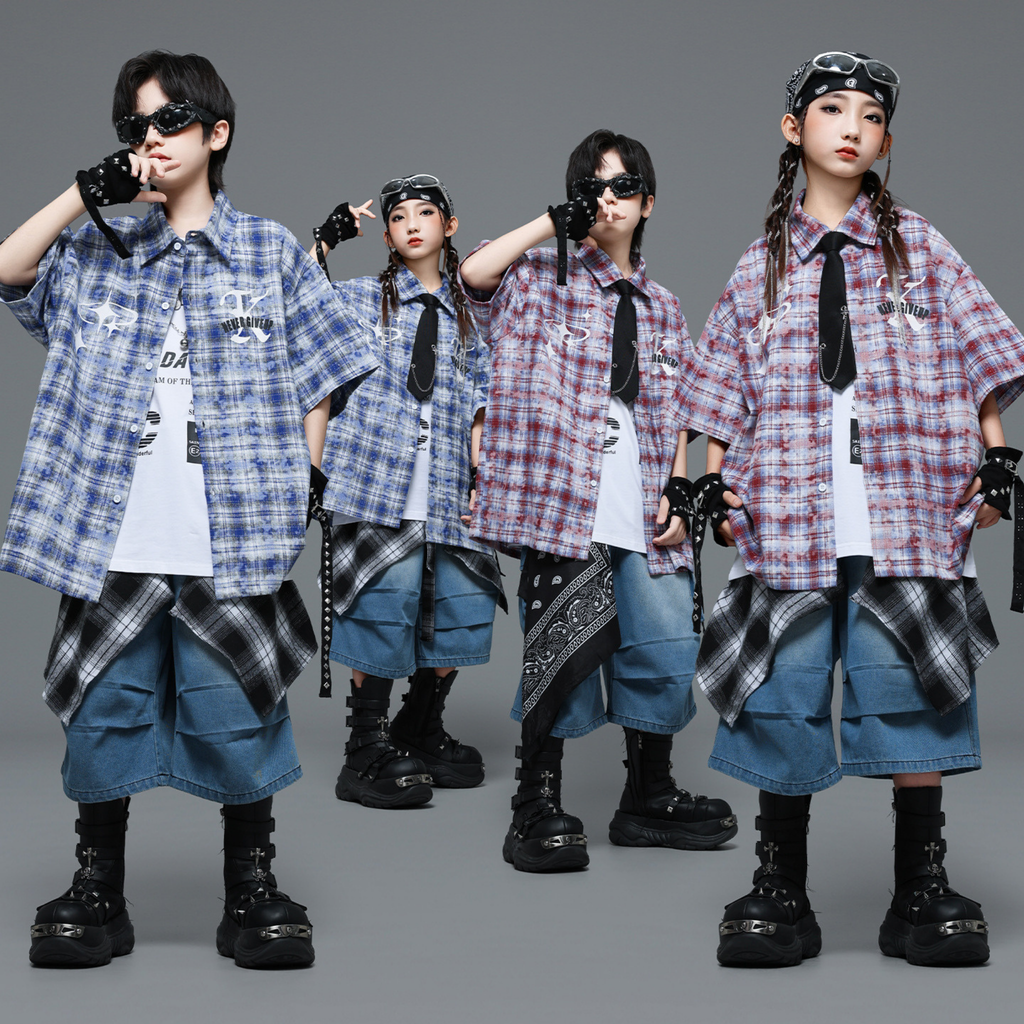 HIPHOP チェックシャツ デニムハーフパンツセットアップ キッズダンス衣装