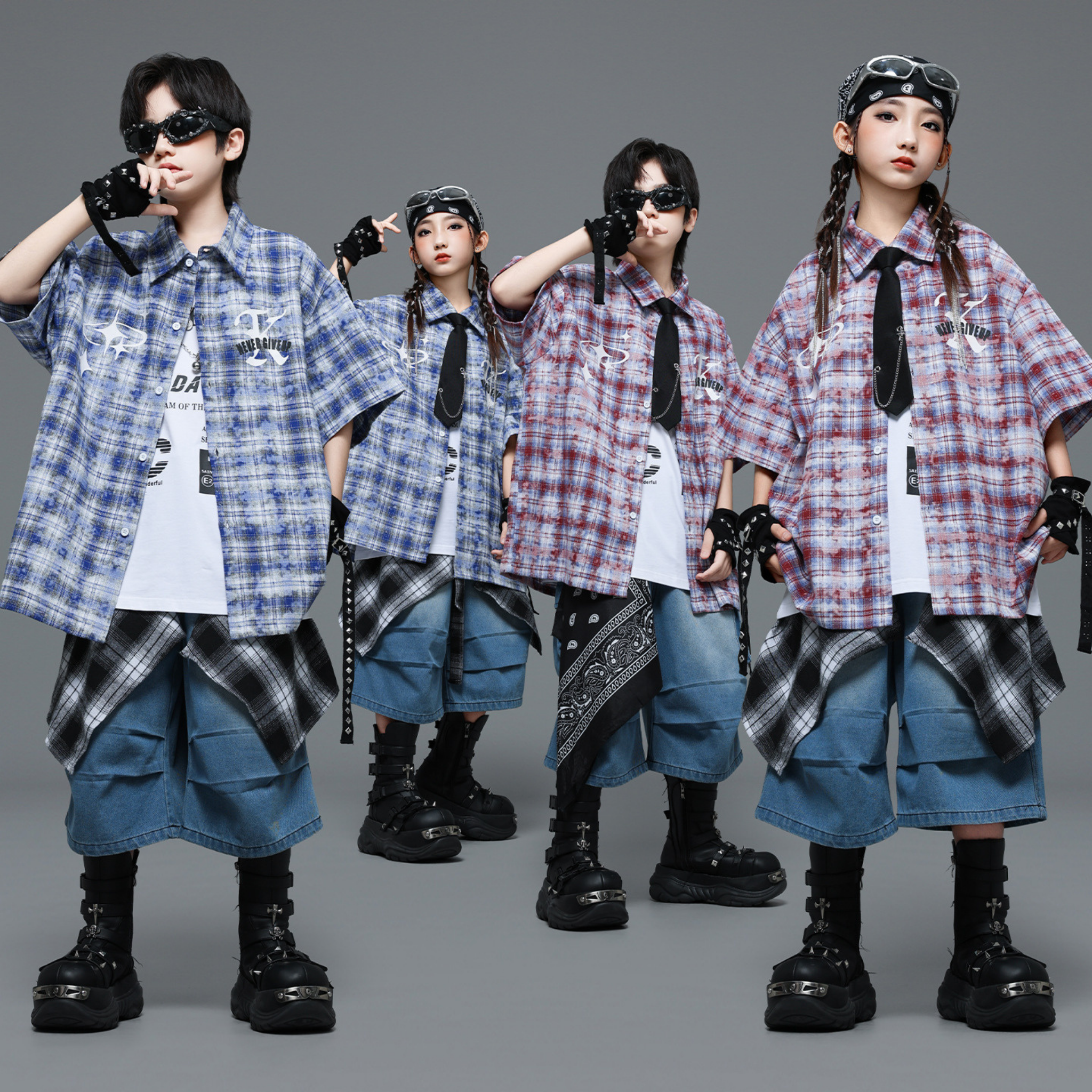 HIPHOP チェックシャツ デニムハーフパンツセットアップ キッズダンス衣装