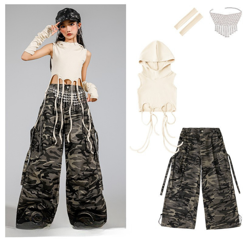 STREET アイボリーフード カモフラージュカーゴセットアップ キッズダンス衣装