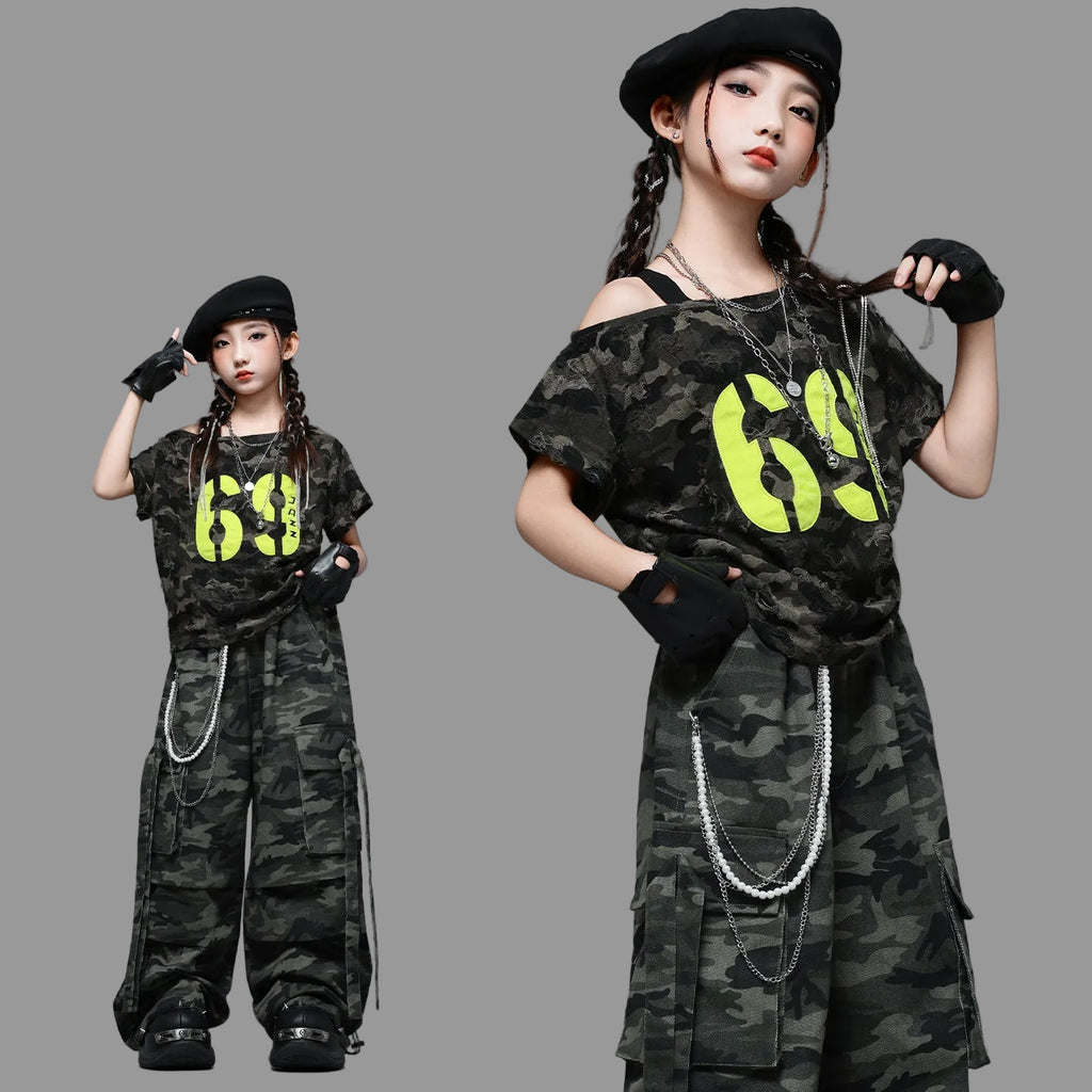 HIPHOP カモフラージュカーゴ セットアップ キッズダンス衣装