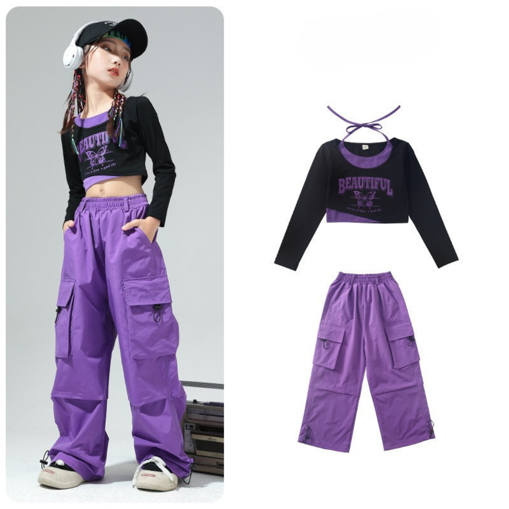 HIPHOP ビビッドカラー カーゴパンツセットアップ キッズダンス衣装