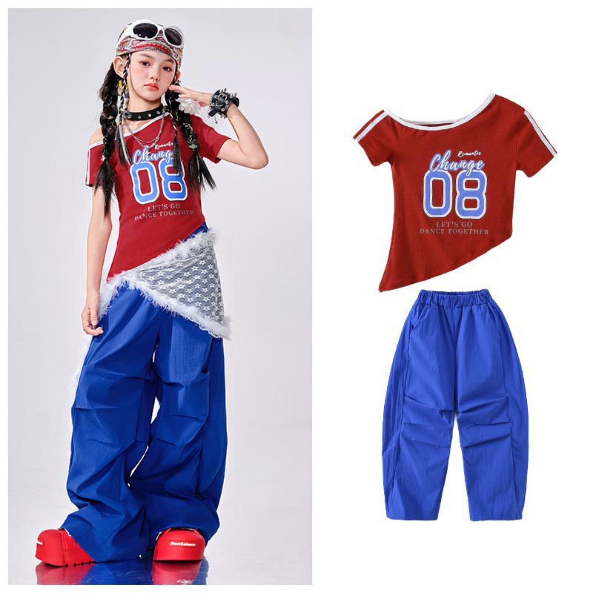 GIRLS レッドナンバー ブルーカーゴセットアップ キッズダンス衣装